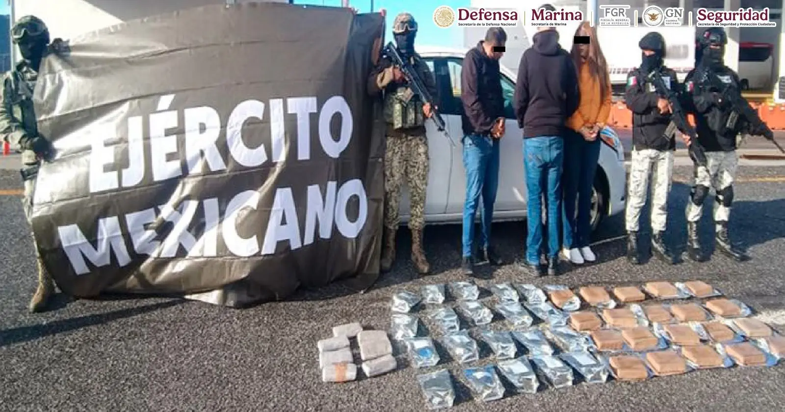 Mexican authorities arrested three people, including one minor, in Tecate, Baja California for the transport and possession of illicit substances, including 42 kilograms of fentanyl and 7 kilograms of heroin. Photo: Goverment of Mexico
