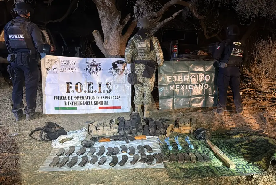Among the seizures and arrests of the Operation Northern Border on March 21, 22 and 23, in Sonora two suspects were arrested and a rifle, a magazine, 30 rounds of ammunition, 1,730 doses of methamphetamine, and a property were seized. Photo: Goverment of Mexico / MxPA