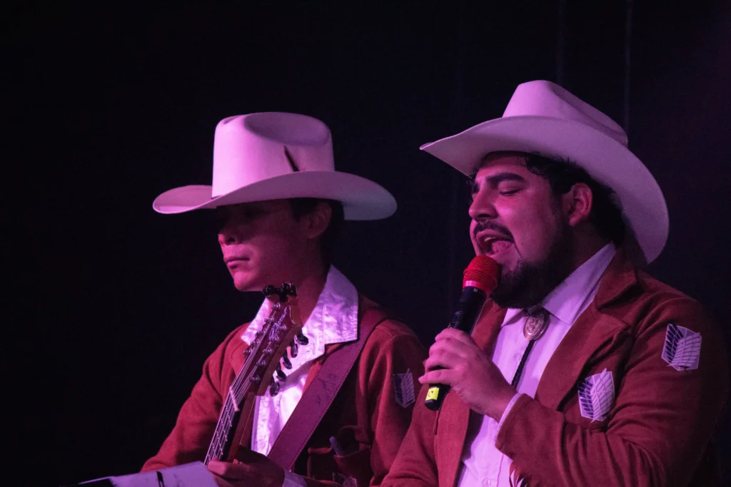 Los Shinigamis del Norte wearing their attire from the anime "Attack on Titan" with a northern hat. Mexico City, September 13, 2025. Hans Leguízamo / MxPA